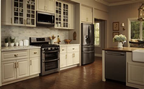 cabinets color that go with black stainless steel appliances|hickory cabinets with black appliances.